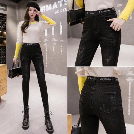 黑灰抓毛牛仔小脚裤女冬季韩版保暖弹力修身高腰直筒长裤 服裝批發女裝批發服飾貨源