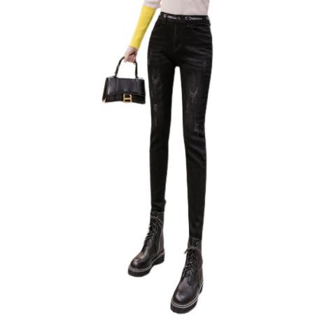 黑灰抓毛牛仔小脚裤女冬季韩版保暖弹力修身高腰直筒长裤 服裝批發女裝批發服飾貨源