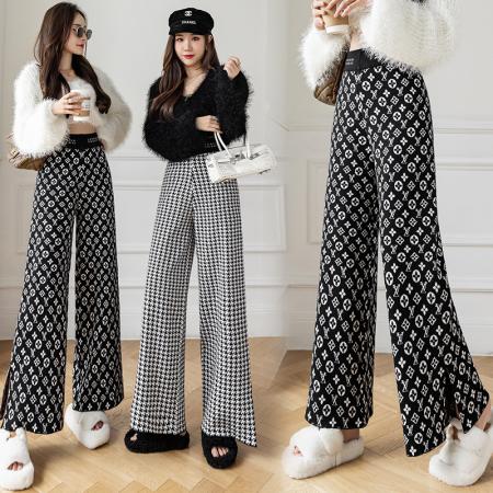 FA49452# 高腰开叉毛织阔腿裤女冬季新款韩版弹力显瘦垂感直筒长裤 服裝批發女裝批發服飾貨源