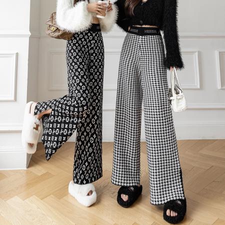 FA49452# 高腰开叉毛织阔腿裤女冬季新款韩版弹力显瘦垂感直筒长裤 服裝批發女裝批發服飾貨源