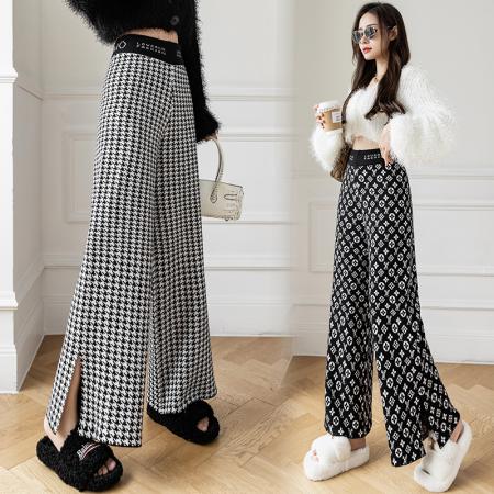 FA49452# 高腰开叉毛织阔腿裤女冬季新款韩版弹力显瘦垂感直筒长裤 服裝批發女裝批發服飾貨源