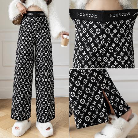 FA49452# 高腰开叉毛织阔腿裤女冬季新款韩版弹力显瘦垂感直筒长裤 服裝批發女裝批發服飾貨源