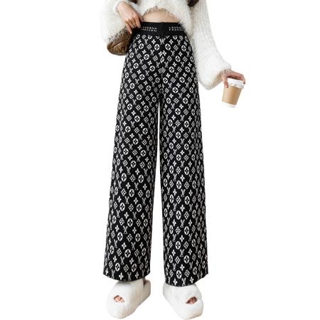 FA49452# 高腰开叉毛织阔腿裤女冬季新款韩版弹力显瘦垂感直筒长裤 服裝批發女裝批發服飾貨源