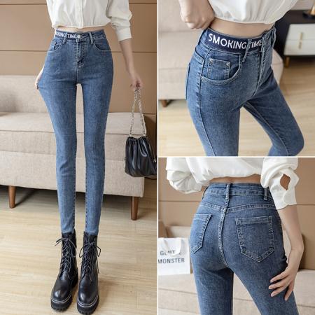 FA49453# 高腰弹力提臀牛仔裤女秋季韩版小个子修身显瘦小脚裤长裤 服裝批發女裝批發服飾貨源