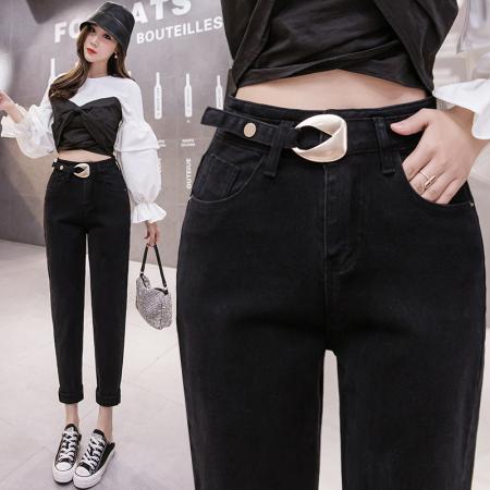 黑色高腰牛仔哈伦裤女秋季韩版宽...