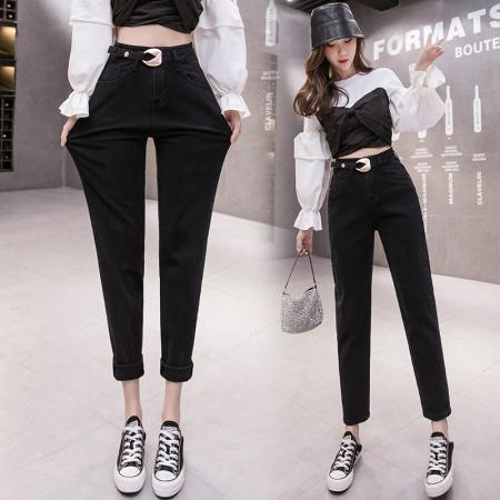 黑色高腰牛仔哈伦裤女秋季韩版宽松显瘦弹力直筒裤小脚裤 服裝批發女裝批發服飾貨源