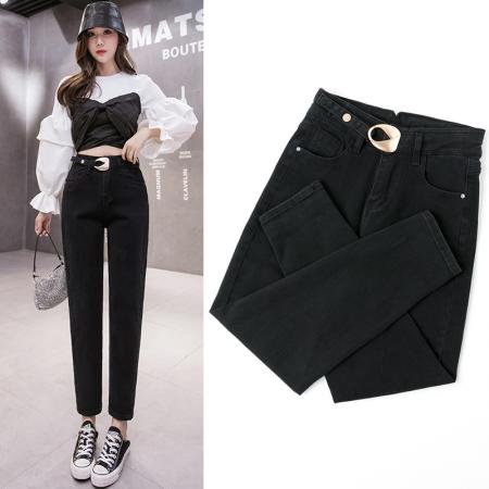 黑色高腰牛仔哈伦裤女秋季韩版宽松显瘦弹力直筒裤小脚裤 服裝批發女裝批發服飾貨源