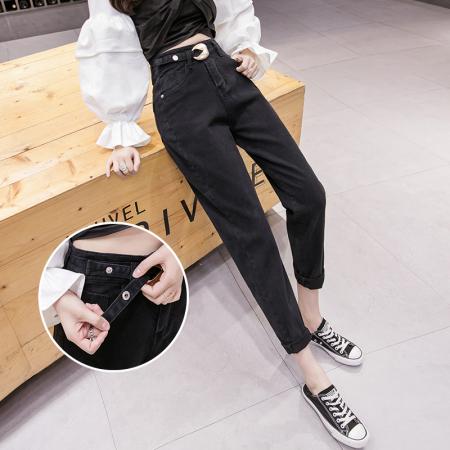 黑色高腰牛仔哈伦裤女秋季韩版宽松显瘦弹力直筒裤小脚裤 服裝批發女裝批發服飾貨源