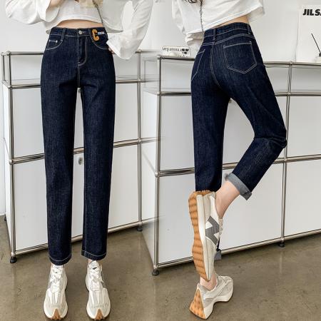 FA49457# 高腰弹力宽松小个子牛仔哈伦裤女秋季新款复古直筒小脚裤 服裝批發女裝批發服飾貨源