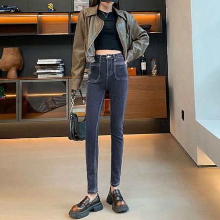 秋冬新款小脚牛仔裤女高腰宽松显瘦紧身弹力铅笔裤子 服裝批發女裝批發服飾貨源