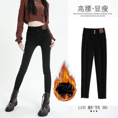 秋冬款双排扣高腰加绒加厚小脚牛仔裤女修身显瘦紧身铅笔裤子 服裝批發女裝批發服飾貨源