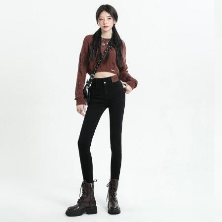 FA49459# 秋冬款双排扣高腰加绒加厚小脚牛仔裤女修身显瘦紧身铅笔裤子 服裝批發女裝批發服飾貨源