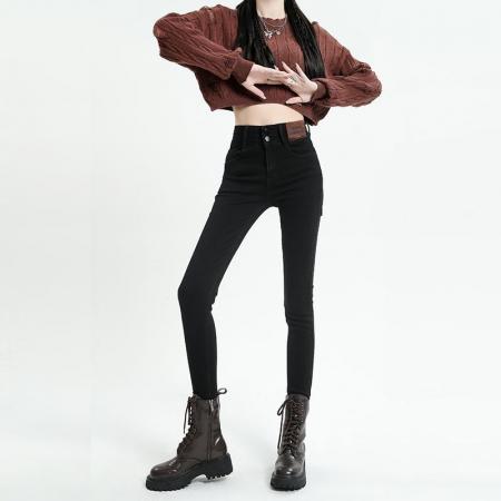 FA49459# 秋冬款双排扣高腰加绒加厚小脚牛仔裤女修身显瘦紧身铅笔裤子 服裝批發女裝批發服飾貨源