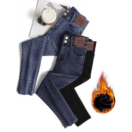 FA49459# 秋冬款双排扣高腰加绒加厚小脚牛仔裤女修身显瘦紧身铅笔裤子 服裝批發女裝批發服飾貨源