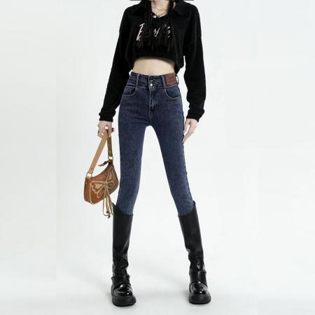 FA49459# 秋冬款双排扣高腰加绒加厚小脚牛仔裤女修身显瘦紧身铅笔裤子 服裝批發女裝批發服飾貨源