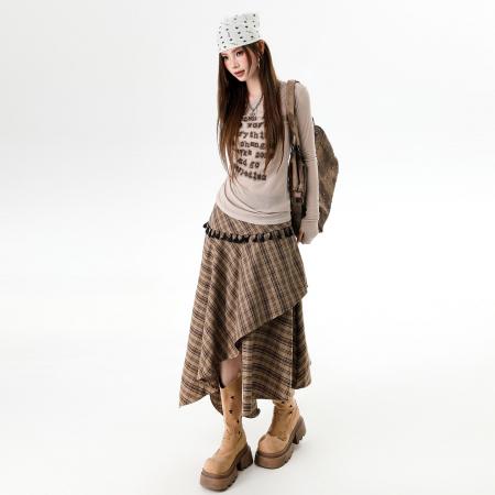 FA49460# 不规则复古格纹流苏半身裙女秋冬新款高腰显瘦a字中长裙 服裝批發女裝批發服飾貨源