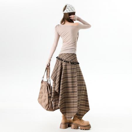 FA49460# 不规则复古格纹流苏半身裙女秋冬新款高腰显瘦a字中长裙 服裝批發女裝批發服飾貨源
