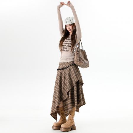 FA49460# 不规则复古格纹流苏半身裙女秋冬新款高腰显瘦a字中长裙 服裝批發女裝批發服飾貨源