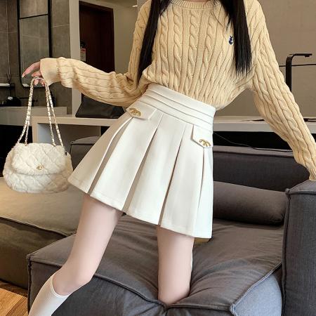 秋冬新款韩系小香风A字半身裙时尚M扣高腰显瘦毛呢百褶裙 服裝批發女裝批發服飾貨源