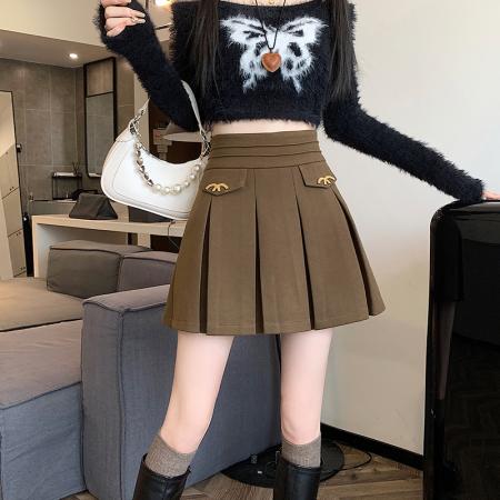 FA49462# 秋冬新款韩系小香风A字半身裙时尚M扣高腰显瘦毛呢百褶裙 服裝批發女裝批發服飾貨源