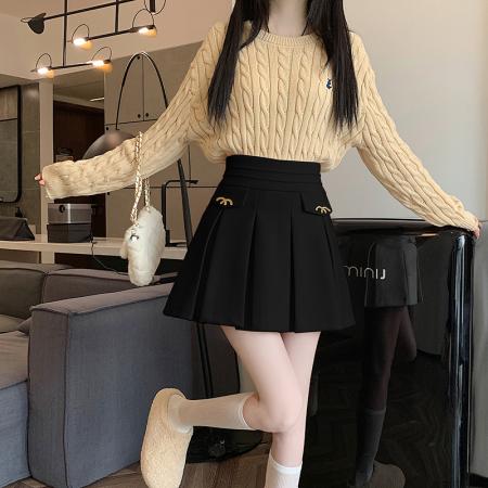 FA49462# 秋冬新款韩系小香风A字半身裙时尚M扣高腰显瘦毛呢百褶裙 服裝批發女裝批發服飾貨源