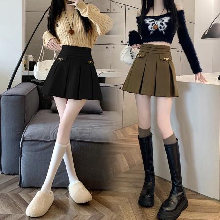 FA49462# 秋冬新款韩系小香风A字半身裙时尚M扣高腰显瘦毛呢百褶裙 服裝批發女裝批發服飾貨源