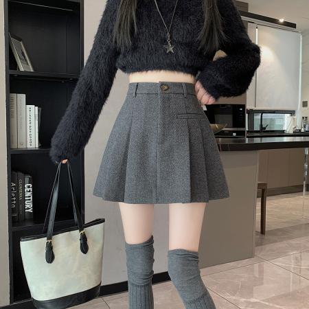 秋冬新韩版高腰洋气毛呢半身裙小个子短款百搭A字百褶裙 服裝批發女裝批發服飾貨源