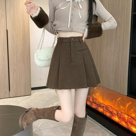 秋冬新韩版高腰洋气毛呢半身裙小个子短款百搭A字百褶裙 服裝批發女裝批發服飾貨源