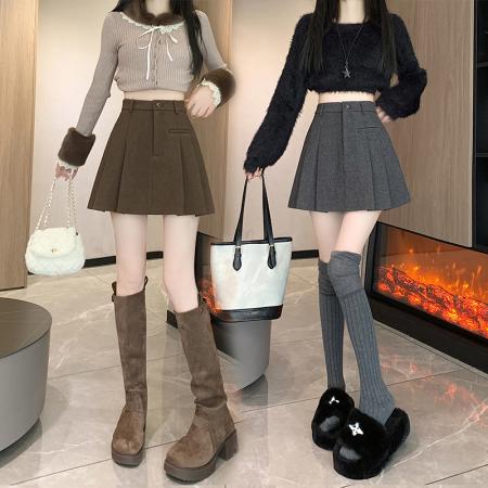 秋冬新韩版高腰洋气毛呢半身裙小个子短款百搭A字百褶裙 服裝批發女裝批發服飾貨源