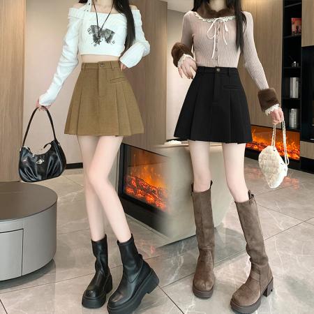 秋冬新韩版高腰洋气毛呢半身裙小个子短款百搭A字百褶裙 服裝批發女裝批發服飾貨源