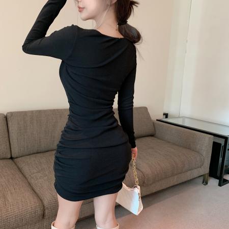 夜场衣服v领加绒加厚粉色打底裙子修身褶皱包臀连衣裙女秋冬 服裝批發女裝批發服飾貨源