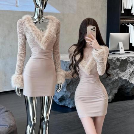 杜总家娇艳欲滴*原创女人味优雅气质紧身包臀可拆毛领内搭连衣裙 服裝批發女裝批發服飾貨源