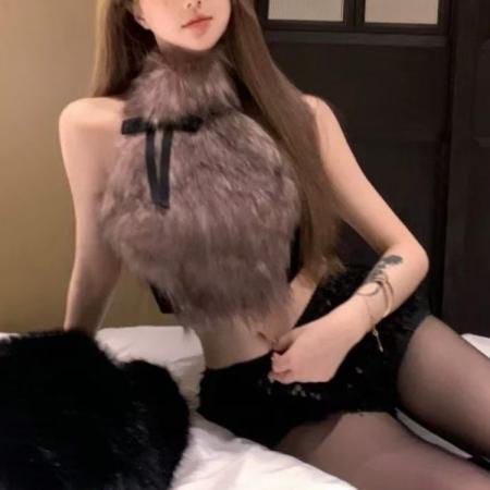 FA49467# 辣妹设计感露背无袖内搭毛毛背心性感挂脖蝴蝶结修身短款毛绒上衣 服裝批發女裝批發服飾貨源