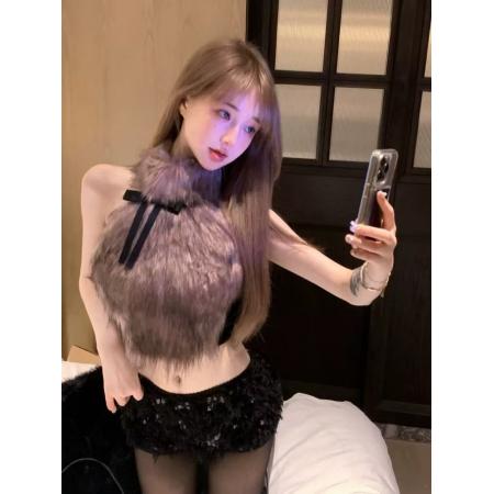 FA49467# 辣妹设计感露背无袖内搭毛毛背心性感挂脖蝴蝶结修身短款毛绒上衣 服裝批發女裝批發服飾貨源