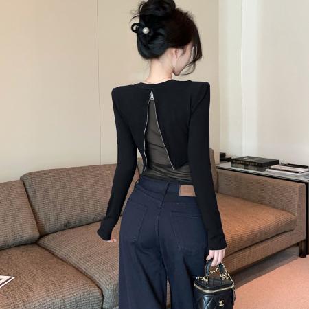 冬秋新款韩系设计感后背网纱拼接修身打底衫女款爆款 服裝批發女裝批發服飾貨源