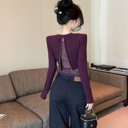 FA49468# 冬秋新款韩系设计感后背网纱拼接修身打底衫女款爆款 服裝批發女裝批發服飾貨源