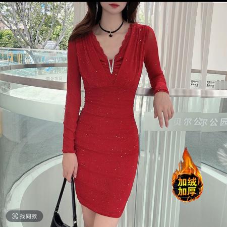FA49469# 冬装新款修身连衣裙-小性感V领收腰包臀裙闪闪小黑裙打底裙子 服裝批發女裝批發服飾貨源