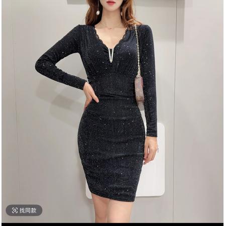 FA49469# 冬装新款修身连衣裙-小性感V领收腰包臀裙闪闪小黑裙打底裙子 服裝批發女裝批發服飾貨源