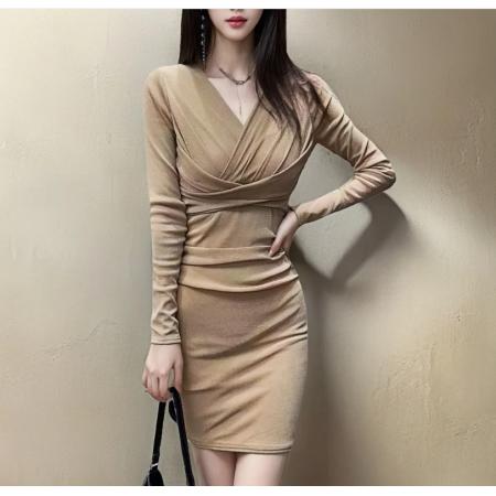 V领收腰褶皱连衣裙女春秋季长袖修身短款包臀裙子 服裝批發女裝批發服飾貨源