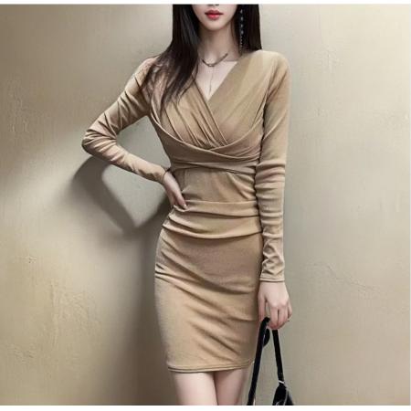 FA49470# V领收腰褶皱连衣裙女春秋季长袖修身短款包臀裙子 服裝批發女裝批發服飾貨源