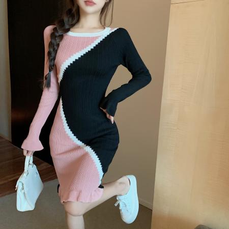 FA49473# 连衣裙新款秋冬毛衣时尚小个子纯欲针织包臀短裙假两件 服裝批發女裝批發服飾貨源