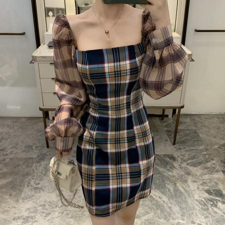 设计师品牌新款MIXEDMINI连衣裙灯笼袖格纹裙子女 服裝批發女裝批發服飾貨源