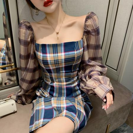 FA49475# 设计师品牌新款MIXEDMINI连衣裙灯笼袖格纹裙子女 服裝批發女裝批發服飾貨源