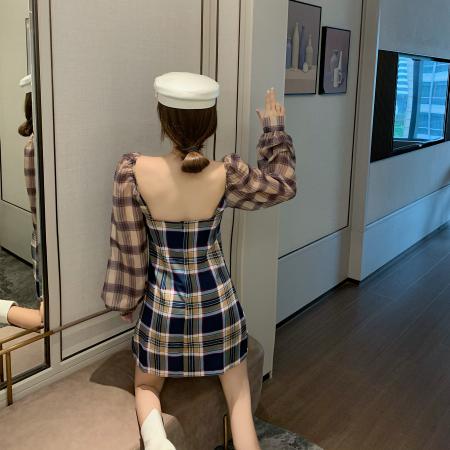 FA49475# 设计师品牌新款MIXEDMINI连衣裙灯笼袖格纹裙子女 服裝批發女裝批發服飾貨源