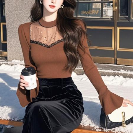 奶呼呼软糯咖色高领毛衣女冬季韩系独特超好看喇叭袖针织上衣 服裝批發女裝批發服飾貨源