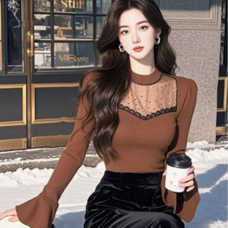 FA49476# 奶呼呼软糯咖色高领毛衣女冬季韩系独特超好看喇叭袖针织上衣 服裝批發女裝批發服飾貨源