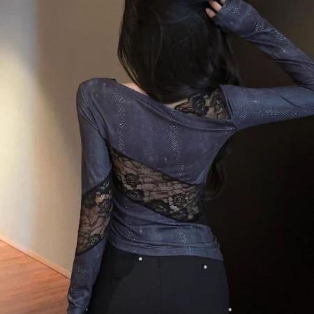 FA49478# 美式y2k甜辣妹斜肩上衣女秋季高级感不规则蕾丝打底衫内搭可外穿 服裝批發女裝批發服飾貨源