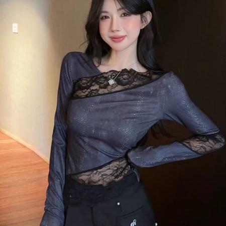 FA49478# 美式y2k甜辣妹斜肩上衣女秋季高级感不规则蕾丝打底衫内搭可外穿 服裝批發女裝批發服飾貨源