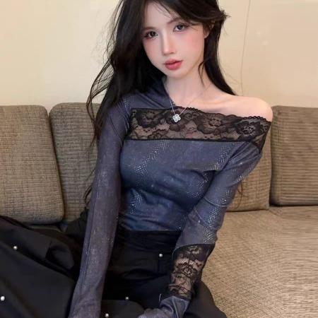 FA49478# 美式y2k甜辣妹斜肩上衣女秋季高级感不规则蕾丝打底衫内搭可外穿 服裝批發女裝批發服飾貨源