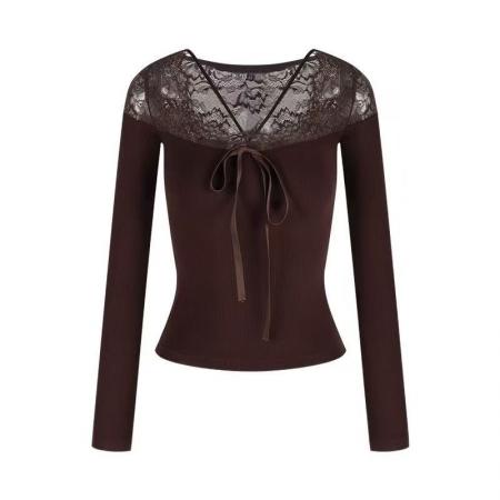 FA49480# 夜莺与玫瑰*纯欲风性感蕾丝拼接内搭长袖气质百搭上衣女春季气质 服裝批發女裝批發服飾貨源